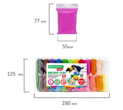 Пластилин супер лёгкий воздушный застывающий 24 цвета, 240 г, 3 стека, BRAUBERG KIDS, 106307