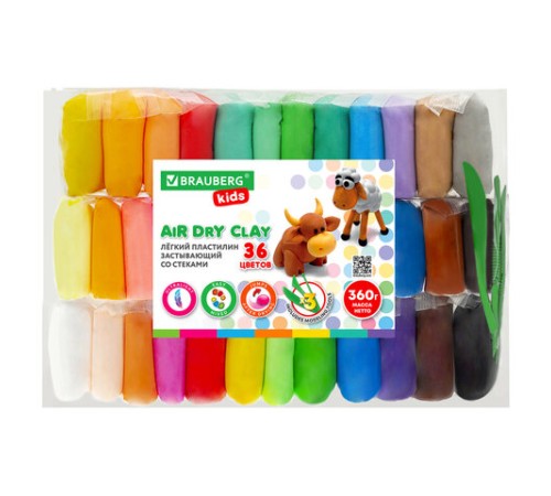 Пластилин супер лёгкий воздушный застывающий 36 цветов, 360 г, 3 стека, BRAUBERG KIDS, 106308