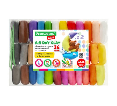 Пластилин супер лёгкий воздушный застывающий 36 шт. (32 цвета + 2 белых + 2 черных) 360 г, 3 стека, BRAUBERG KIDS, 106309
