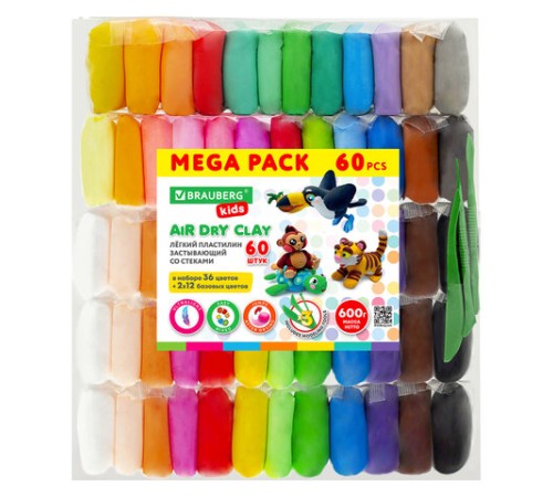 Пластилин супер лёгкий воздушный застывающий 60 шт. (36 цветов + 2 х 12 базовых), 600 г, 3 стека, BRAUBERG KIDS, 106311
