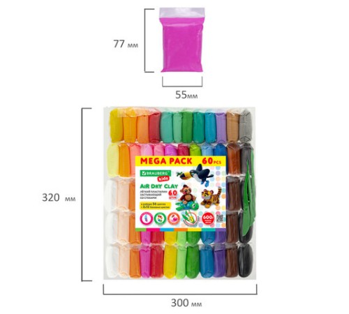 Пластилин супер лёгкий воздушный застывающий 60 шт. (36 цветов + 2 х 12 базовых), 600 г, 3 стека, BRAUBERG KIDS, 106311