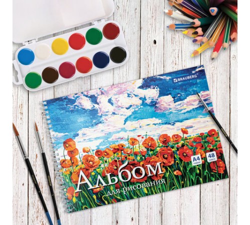 Альбом для рисования, А4, 48 л., гребень, обложка картон, BRAUBERG, 205х290 мм, 