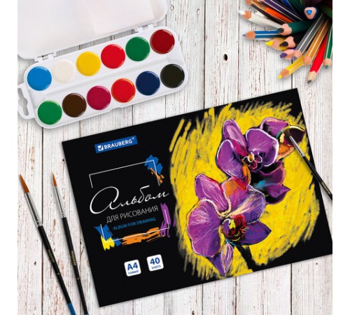 Альбом для рисования А4 40 л., склейка, обложка картон, подложка, BRAUBERG, 205х290 мм, 