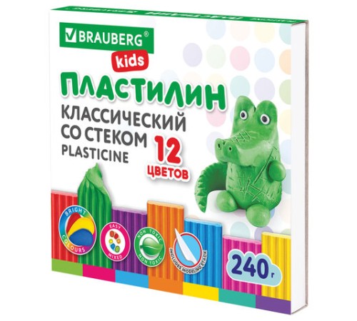 Пластилин классический BRAUBERG KIDS, 12 цветов, 240 г, стек, ВЫСШЕЕ КАЧЕСТВО, 106436