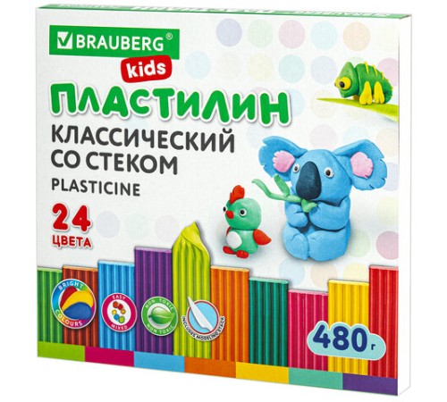 Пластилин классический BRAUBERG KIDS, 24 цвета, 480 грамм, стек, ВЫСШЕЕ КАЧЕСТВО, 106437