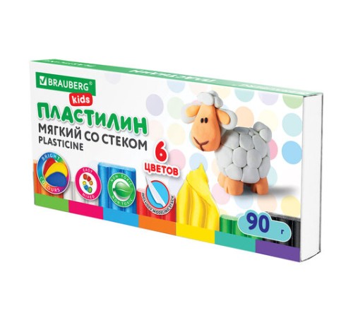 Пластилин мягкий восковой BRAUBERG KIDS, 6 цветов, 90 г, со стеком, 106493