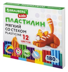 Пластилин мягкий восковой BRAUBERG KIDS, 12 цветов, 180 г, со стеком, 106495