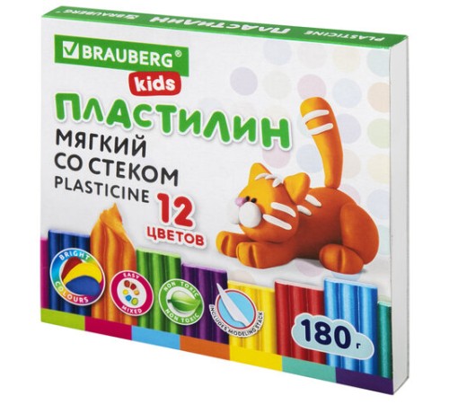 Пластилин мягкий восковой BRAUBERG KIDS, 12 цветов, 180 г, со стеком, 106495