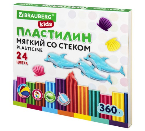 Пластилин мягкий восковой BRAUBERG KIDS, 24 цвета, 360 г, со стеком, 106498