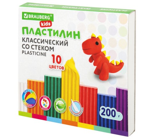 Пластилин классический BRAUBERG KIDS, 10 цветов, 200 г, со стеком, 106504