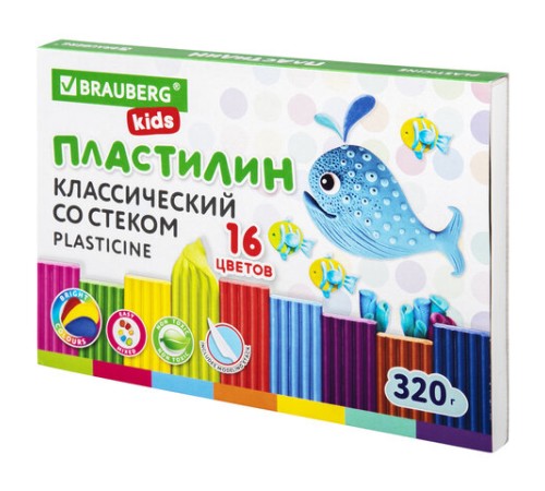 Пластилин классический BRAUBERG KIDS, 16 цветов, 320 г, со стеком, 106508