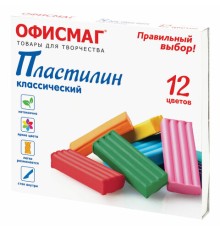 Пластилин классический ОФИСМАГ, 12 цветов, 240 г, СО СТЕКОМ, 106677