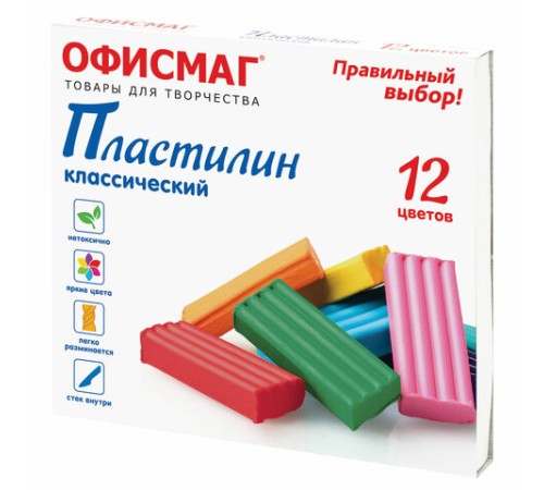 Пластилин классический ОФИСМАГ, 12 цветов, 240 г, СО СТЕКОМ, 106677
