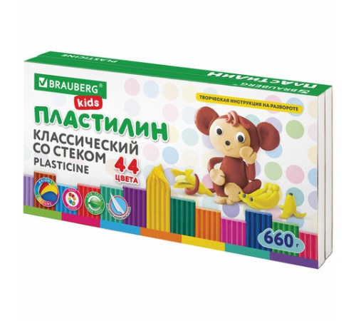 Пластилин классический BRAUBERG KIDS, 44 цвета, 660 грамм, стек, ВЫСШЕЕ КАЧЕСТВО, 106679