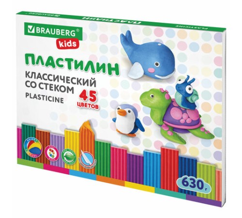 Пластилин классический BRAUBERG KIDS, 45 цветов, 630 г, стек, ВЫСШЕЕ КАЧЕСТВО, 106680