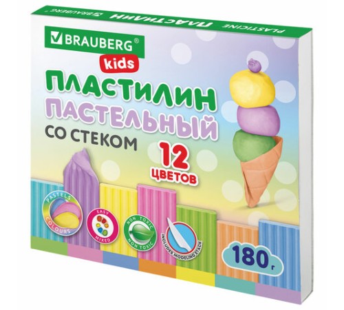 Пластилин классический пастельные цвета BRAUBERG KIDS, 12 цветов, 180 грамм, стек, 106681