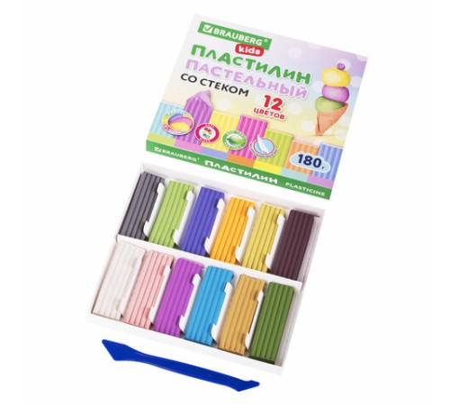 Пластилин классический пастельные цвета BRAUBERG KIDS, 12 цветов, 180 грамм, стек, 106681