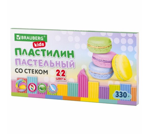 Пластилин классический пастельные цвета BRAUBERG KIDS, 22 цвета, 330 грамм, стек, 106682