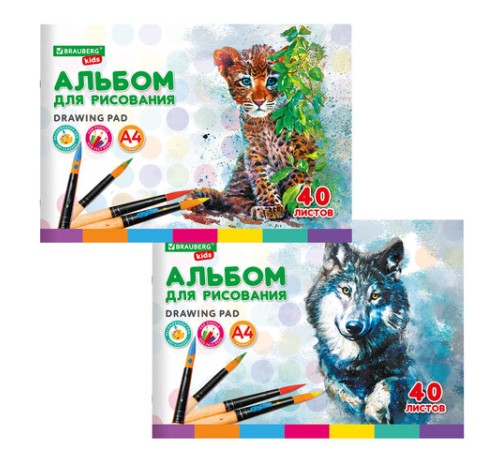 Альбом для рисования, А4, 40 листов, скоба, обложка картон, BRAUBERG KIDS, 200х285 мм, 