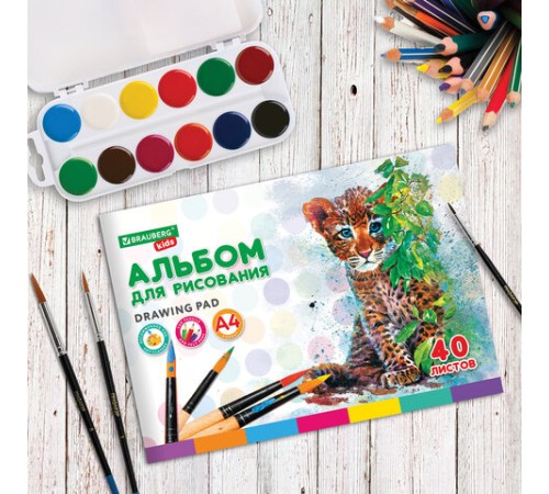 Альбом для рисования, А4, 40 листов, скоба, обложка картон, BRAUBERG KIDS, 200х285 мм, 