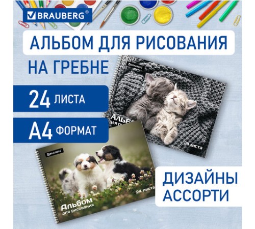 Альбом для рисования А4, 24 листа, гребень, обложка картон, BRAUBERG, 195х285 мм, 