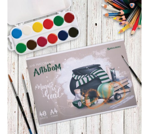Альбом для рисования А4 40 л., скоба, обложка картон, BRAUBERG, 203х288 мм, 
