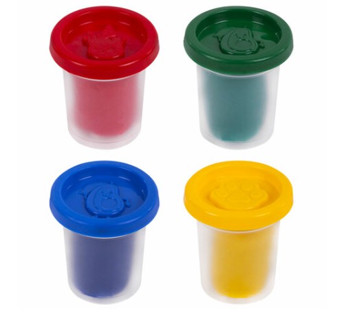 Пластилин-тесто для лепки BRAUBERG KIDS, 4 цвета, 200 г, яркие классические цвета, крышки-штампики, 106714