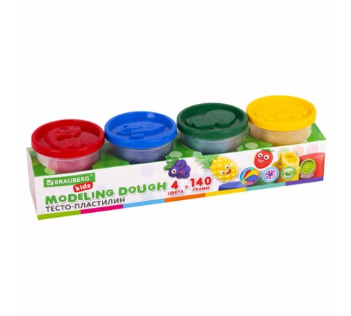 Пластилин-тесто для лепки BRAUBERG KIDS, 4 цвета, 560 г, яркие классические цвета, крышки-штампики, 106715