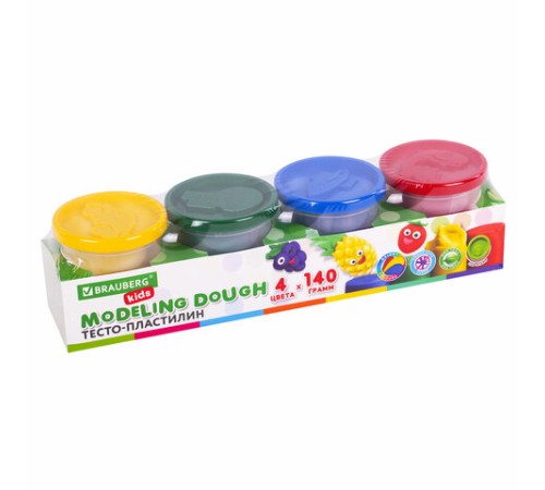 Пластилин-тесто для лепки BRAUBERG KIDS, 4 цвета, 560 г, яркие классические цвета, крышки-штампики, 106715