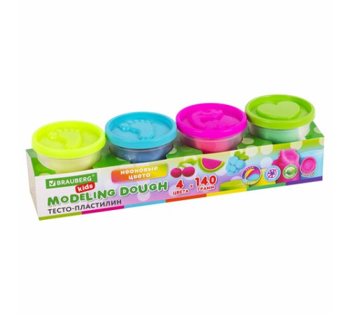 Пластилин-тесто для лепки BRAUBERG KIDS, 4 цвета, 560 г, яркие неоновые цвета, крышки-штампики, 106716