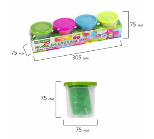 Пластилин-тесто для лепки BRAUBERG KIDS, 4 цвета, 560 г, яркие неоновые цвета, крышки-штампики, 106716