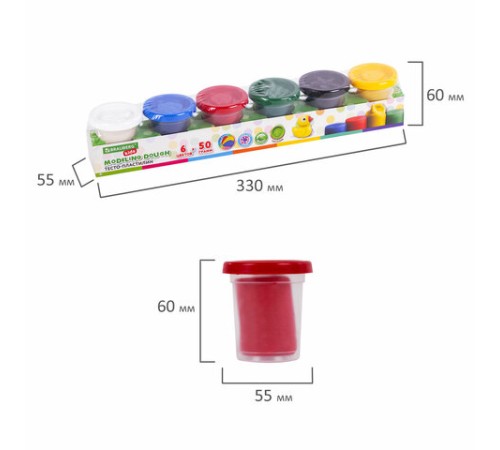 Пластилин-тесто для лепки BRAUBERG KIDS, 6 цветов, 300 г, яркие классические цвета, крышки-штампики, 106718