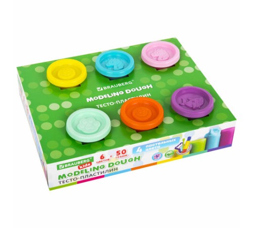 Пластилин-тесто для лепки BRAUBERG KIDS, 6 цветов, 300 г, 10 формочек, шприц, стек, крышки-штампики, 106719