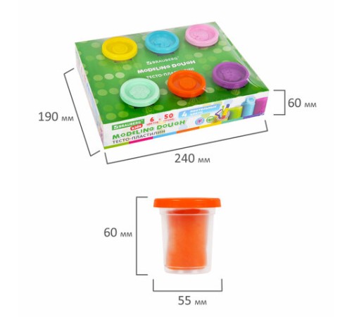 Пластилин-тесто для лепки BRAUBERG KIDS, 6 цветов, 300 г, 10 формочек, шприц, стек, крышки-штампики, 106719