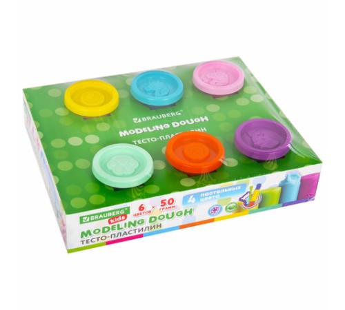 Пластилин-тесто для лепки BRAUBERG KIDS, 6 цветов, 300 г, 10 формочек, шприц, стек, крышки-штампики, 106719