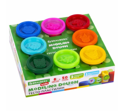 Пластилин-тесто для лепки BRAUBERG KIDS, 8 цветов, 400 г, яркие классические цвета, крышки-штампики, 106720