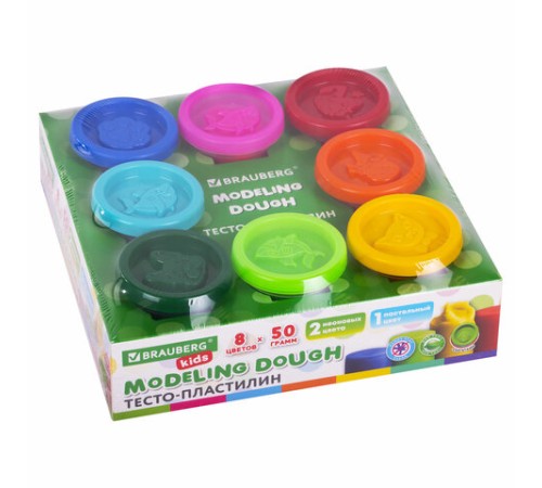 Пластилин-тесто для лепки BRAUBERG KIDS, 8 цветов, 400 г, яркие классические цвета, крышки-штампики, 106720
