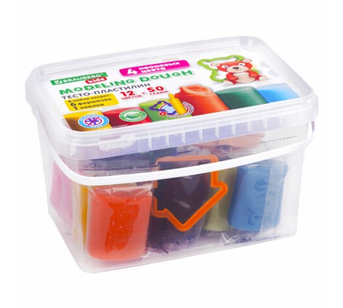 Пластилин-тесто для лепки BRAUBERG KIDS, 12 цветов., 600 г, 6 формочек, 1 скалка, ведерко, 106721