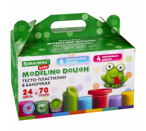 Пластилин-тесто для лепки BRAUBERG KIDS, 24 цвета, 1680 г, крышки-штампики, сундучок, 106722