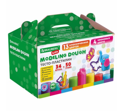 Пластилин-тесто для лепки BRAUBERG KIDS, 34 шт., 1700 г, 2 стека, 10 формочек, 4 штампика, 1 скалка, 10 пакетиков для хранения, 106723