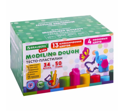 Пластилин-тесто для лепки BRAUBERG KIDS, 34 шт., 1700 г, 2 стека, 10 формочек, 4 штампика, 1 скалка, 10 пакетиков для хранения, 106723