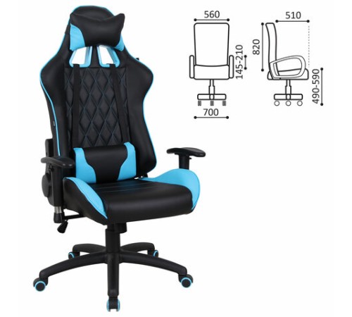 Кресло компьютерное BRABIX "GT Master GM-110", две подушки, экокожа, черное/голубое, 531928