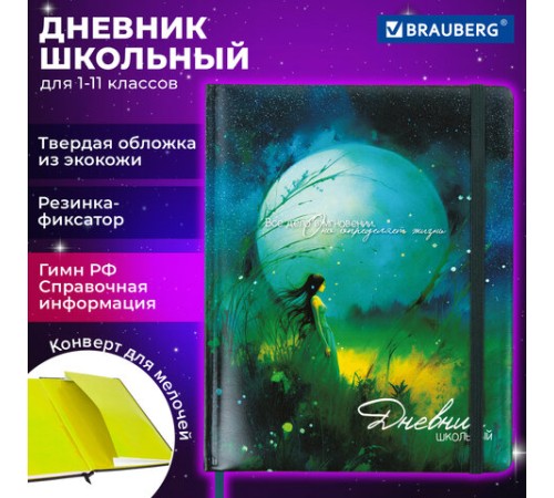 Дневник 1-11 класс 48 л., кожзам (твердая с поролоном), печать, резинка, конверт, BRAUBERG, 