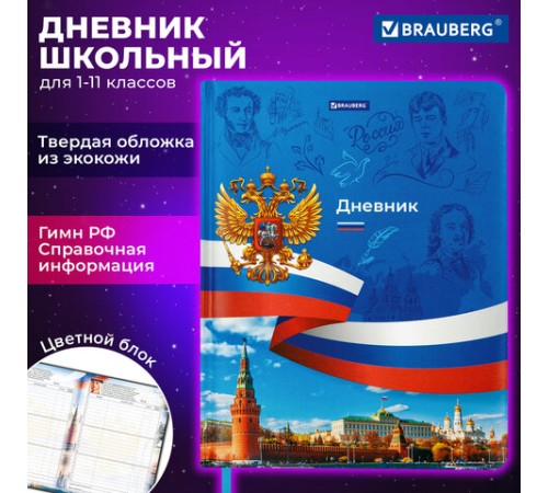 Дневник 1-11 класс 48 л., кожзам (твердая с поролоном), печать, цветной блок, BRAUBERG, 