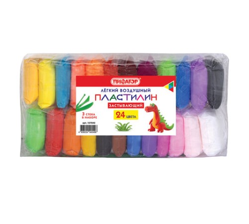 Пластилин супер лёгкий воздушный застывающий 24 цвета, 210 г, 3 стека, ПИФАГОР, 107040