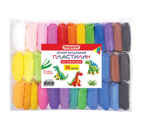 Пластилин супер лёгкий воздушный застывающий 36 цветов, 310 г, 3 стека, ПИФАГОР, 107041