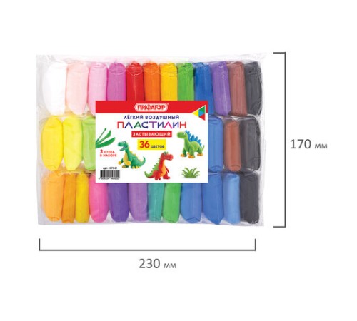 Пластилин супер лёгкий воздушный застывающий 36 цветов, 310 г, 3 стека, ПИФАГОР, 107041