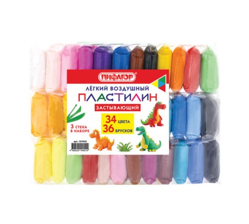 Пластилин супер лёгкий воздушный застывающий 36 штук (32 цвета + 2 белых + 2 черных), 310 г, 3 стека, ПИФАГОР, 107042