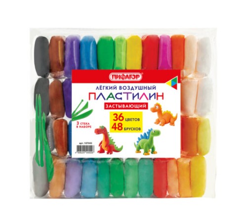 Пластилин лёгкий воздушный застывающий 48 штук (36 цветов + 12 базовых), 410 г, 3 стека, ПИФАГОР, 107043