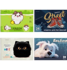 Альбом для рисования А4, 24 л., гребень, обложка картон, BRAUBERG, 195х285 мм, МИКС-1, 107108